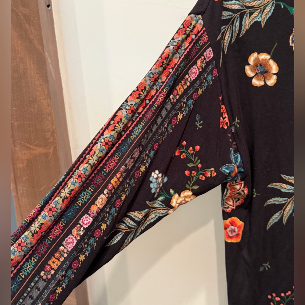 Johnny Was Black Floral Henley with Multicolor Blooms - Picture 3 of 4